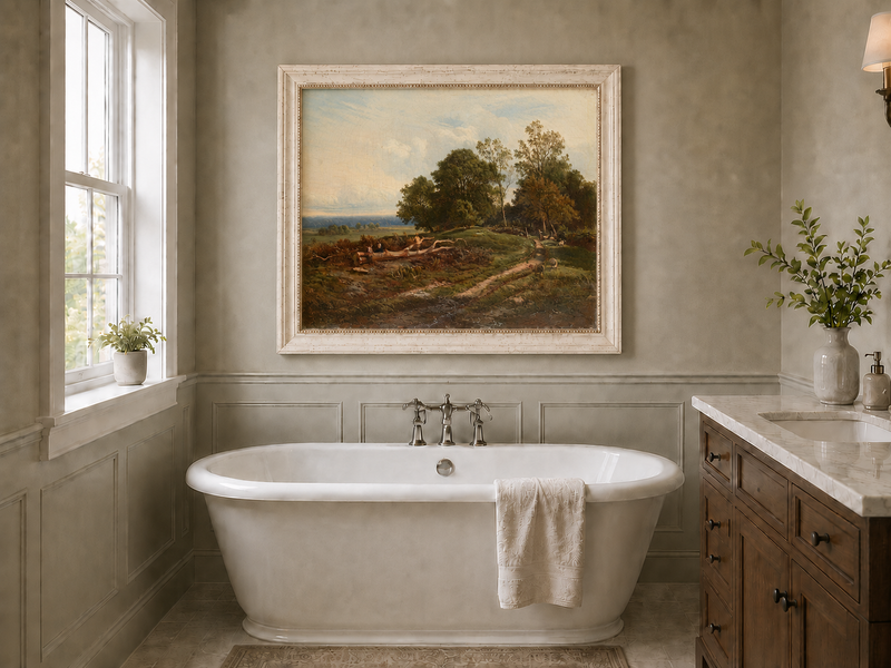 Landscape Oil Painting - Pastoral Path with Trees and Sheep