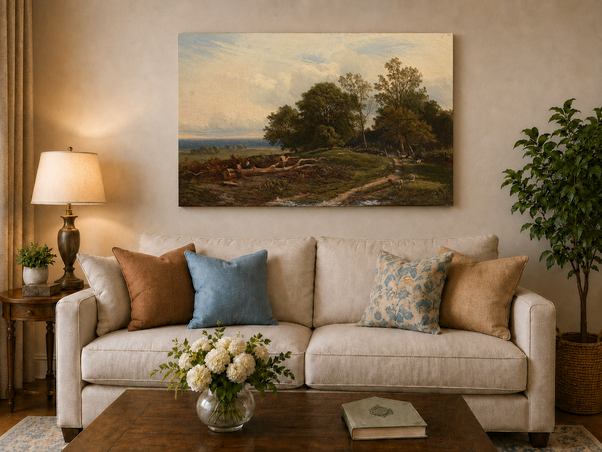 Landscape Oil Painting - Pastoral Path with Trees and Sheep
