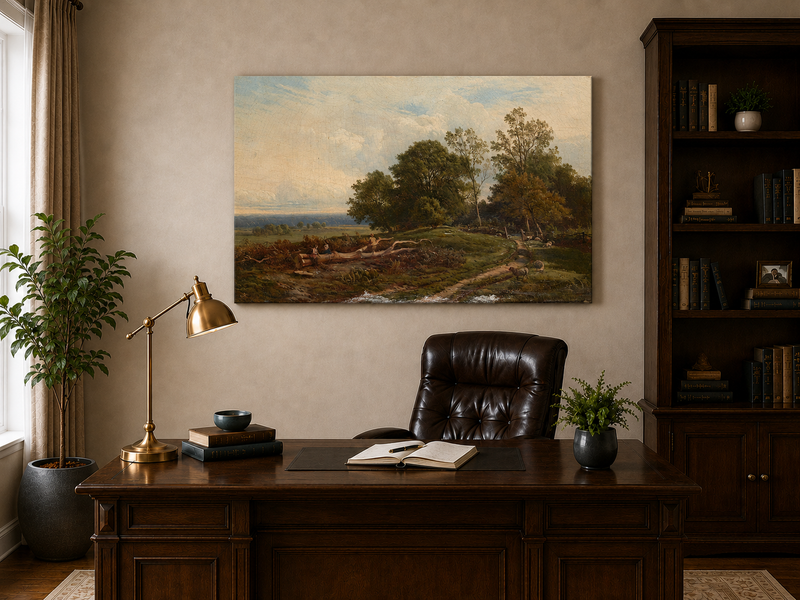 Landscape Oil Painting - Pastoral Path with Trees and Sheep