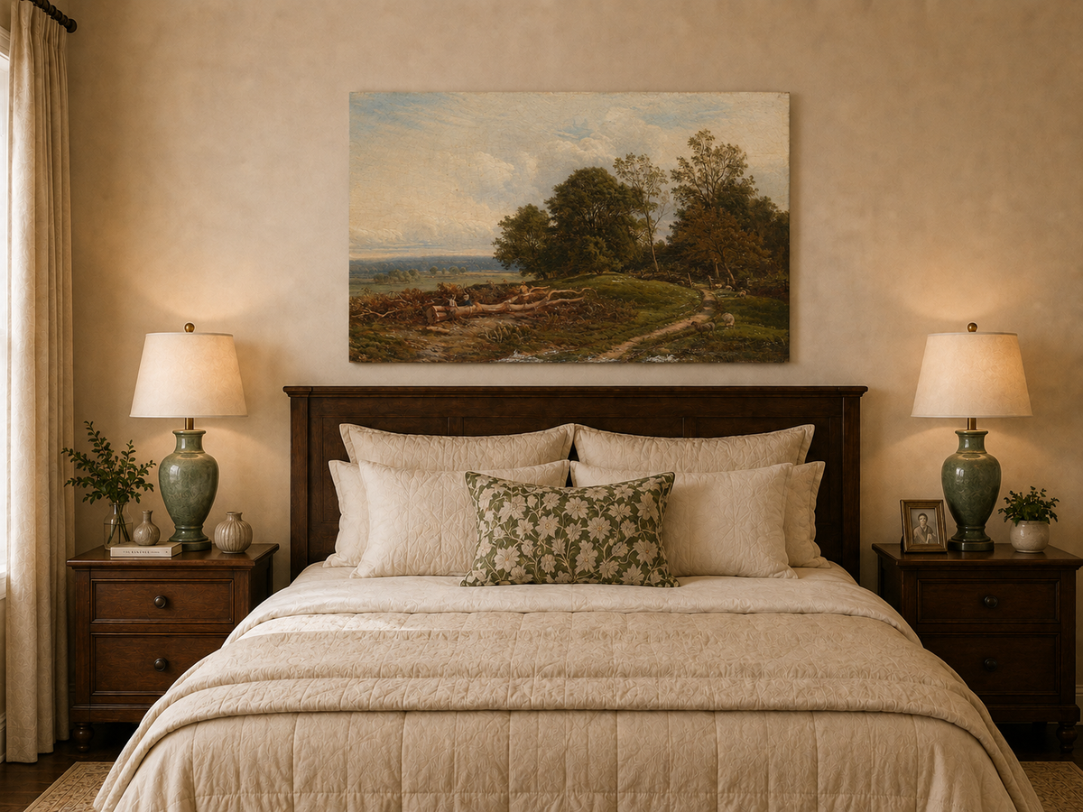 Landscape Oil Painting - Pastoral Path with Trees and Sheep