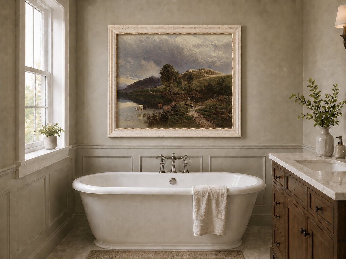 Landscape Oil Painting - Pastoral Lake Grazing Cattle & Hills