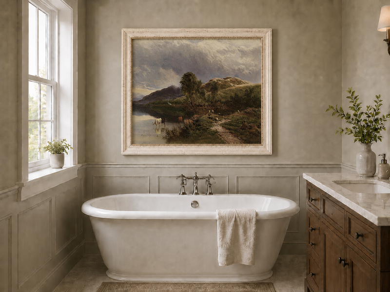 Landscape Oil Painting - Pastoral Lake Grazing Cattle & Hills