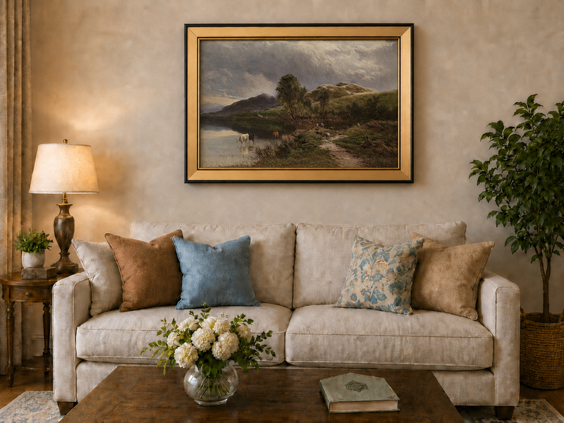 Landscape Oil Painting - Pastoral Lake Grazing Cattle & Hills