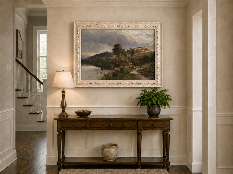 Landscape Oil Painting - Pastoral Lake Grazing Cattle & Hills