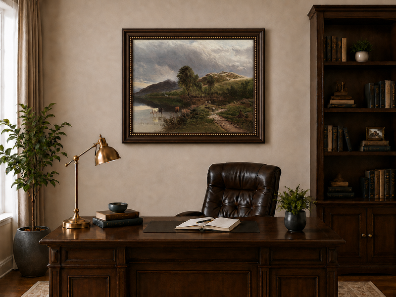 Landscape Oil Painting - Pastoral Lake Grazing Cattle & Hills