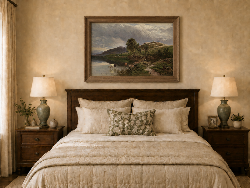 Landscape Oil Painting - Pastoral Lake Grazing Cattle & Hills