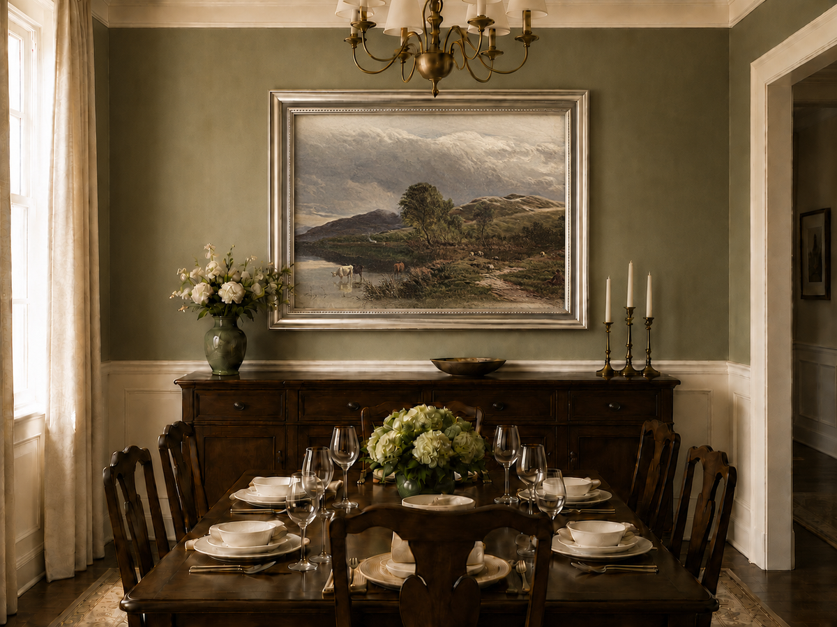 Landscape Oil Painting - Pastoral Lake Grazing Cattle & Hills