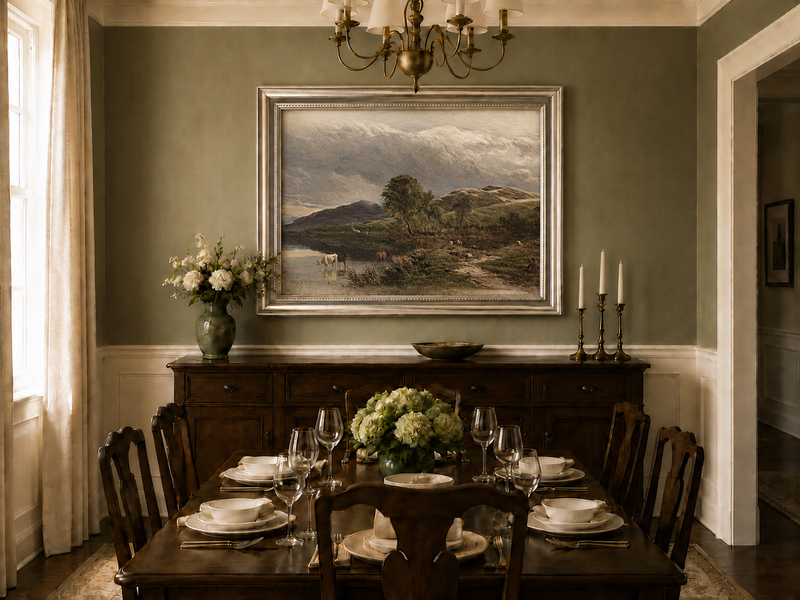 Landscape Oil Painting - Pastoral Lake Grazing Cattle & Hills