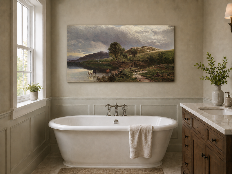 Landscape Oil Painting - Pastoral Lake Grazing Cattle & Hills