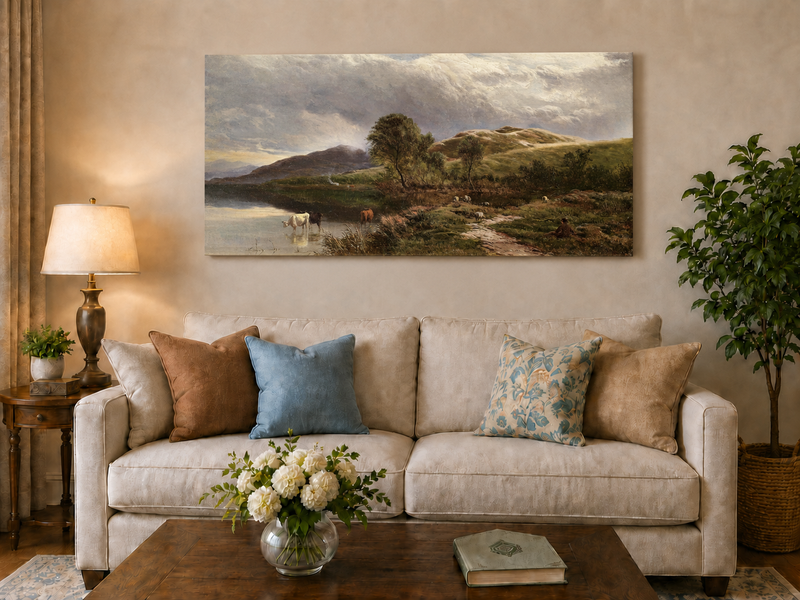Landscape Oil Painting - Pastoral Lake Grazing Cattle & Hills