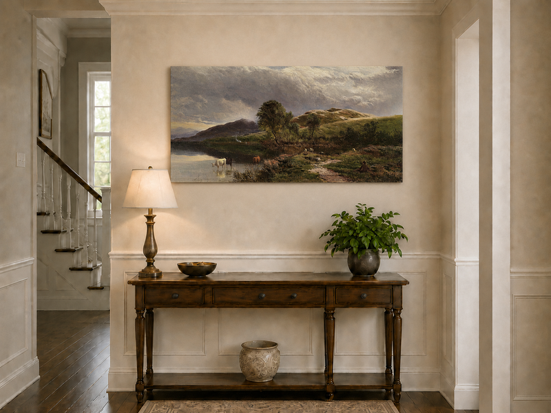 Landscape Oil Painting - Pastoral Lake Grazing Cattle & Hills