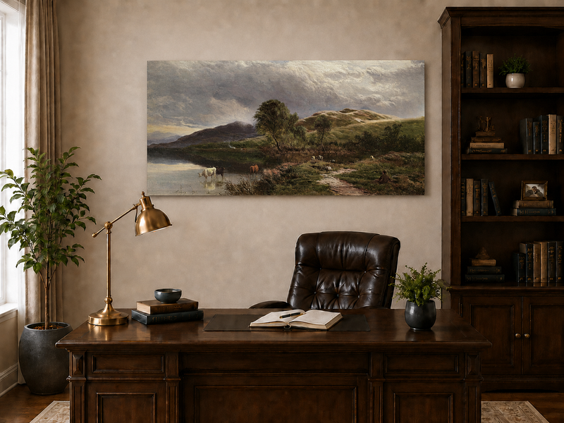 Landscape Oil Painting - Pastoral Lake Grazing Cattle & Hills