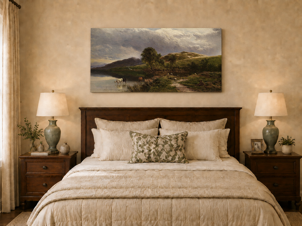 Landscape Oil Painting - Pastoral Lake Grazing Cattle & Hills