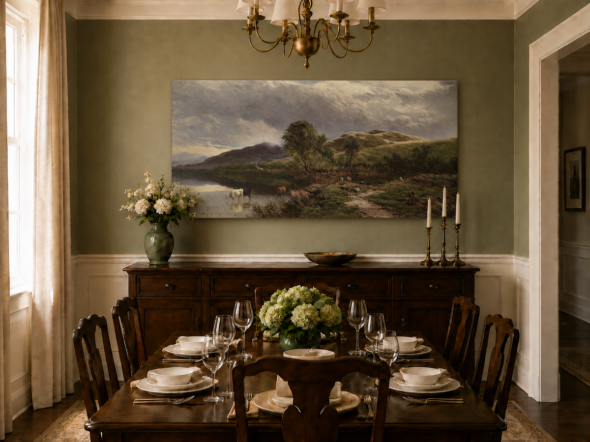 Landscape Oil Painting - Pastoral Lake Grazing Cattle & Hills