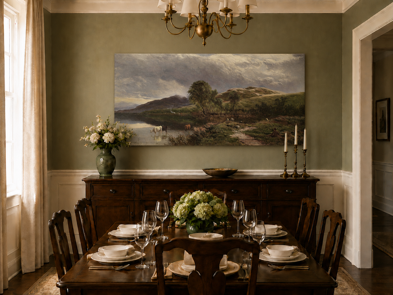 Landscape Oil Painting - Pastoral Lake Grazing Cattle & Hills