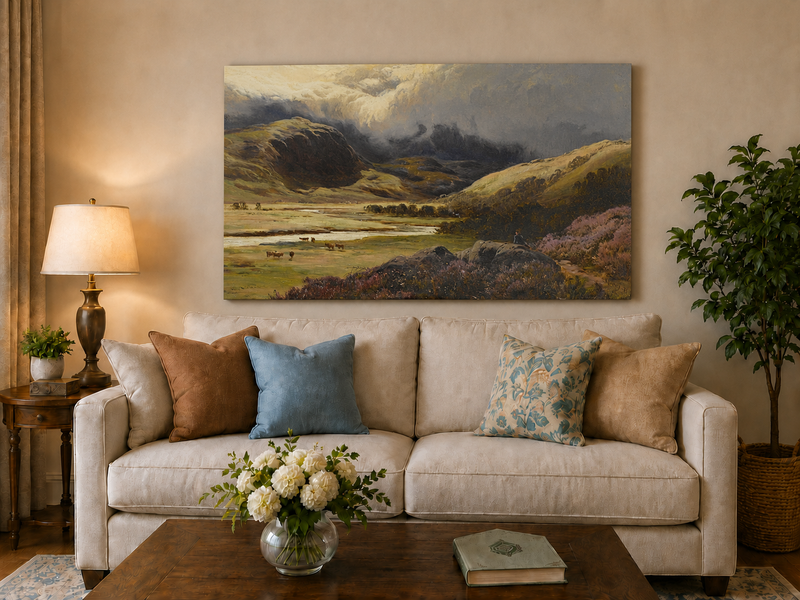 Landscape Oil Painting - Storm Clouds Over Highland Valley Cattle