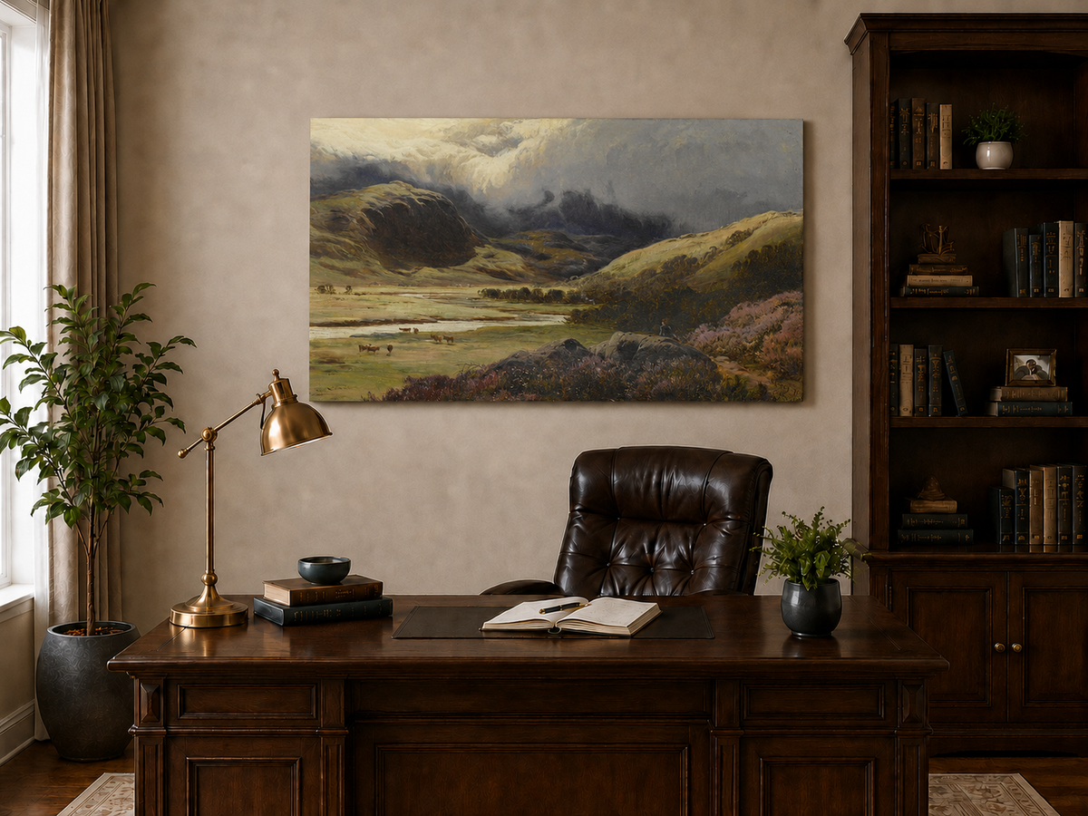 Landscape Oil Painting - Storm Clouds Over Highland Valley Cattle