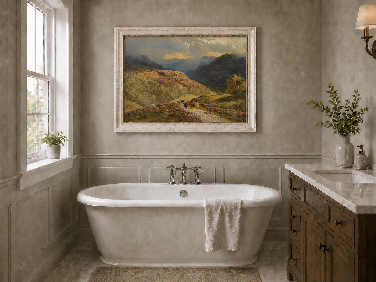 Landscape Oil Painting - Mountain Valley Pastoral , Cattle, Hills