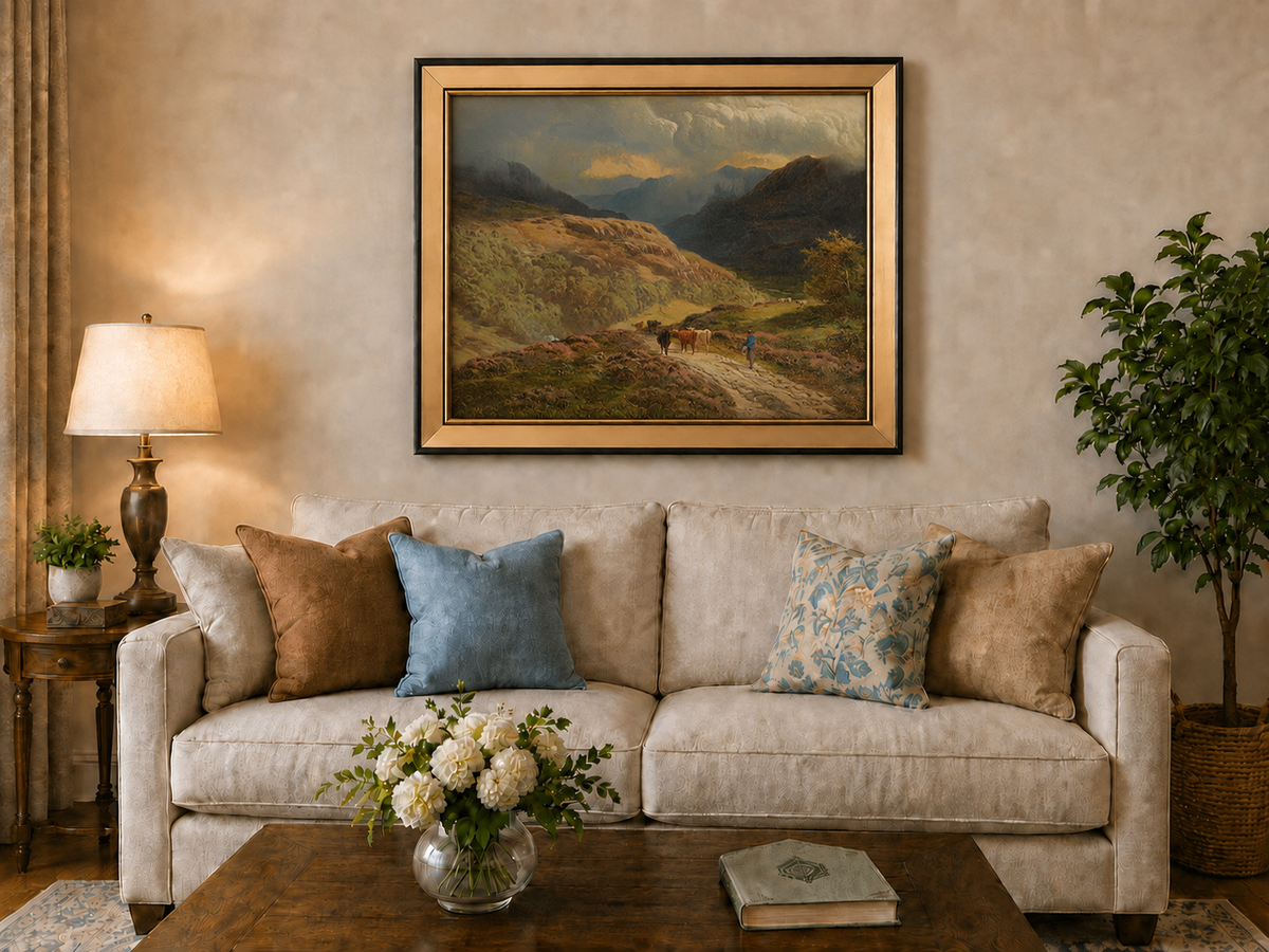 Landscape Oil Painting - Mountain Valley Pastoral , Cattle, Hills