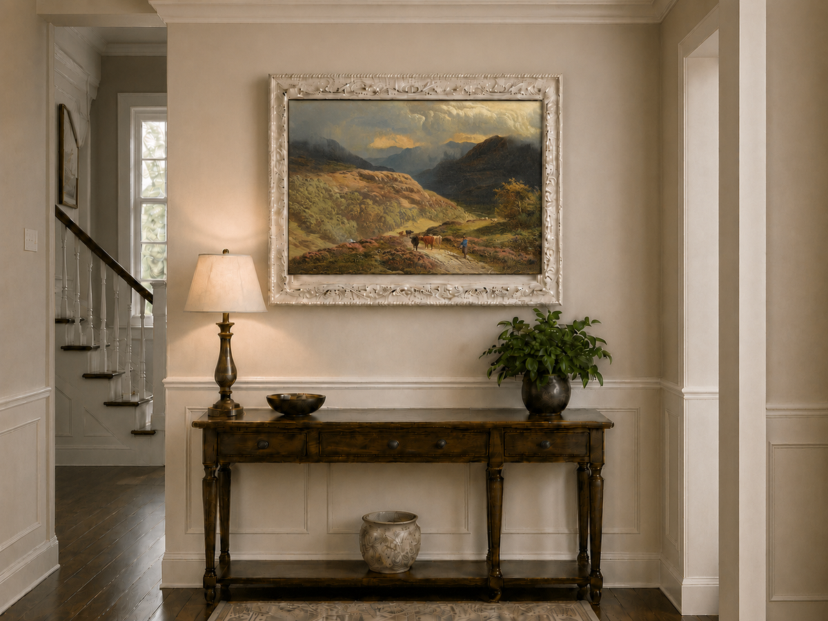 Landscape Oil Painting - Mountain Valley Pastoral , Cattle, Hills