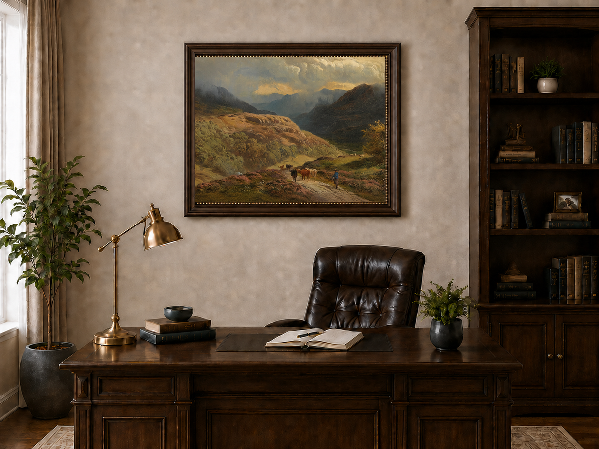 Landscape Oil Painting - Mountain Valley Pastoral , Cattle, Hills