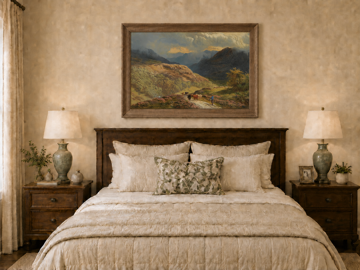 Landscape Oil Painting - Mountain Valley Pastoral , Cattle, Hills