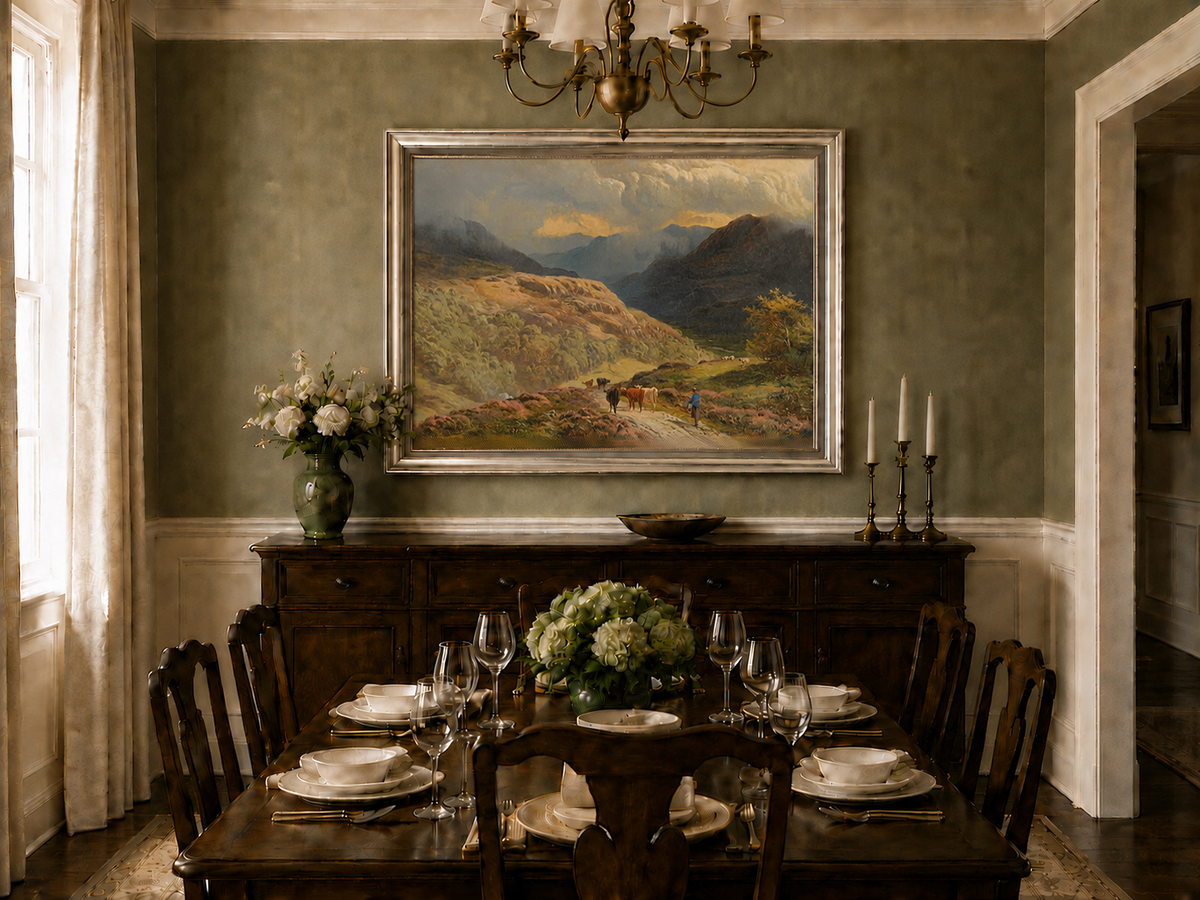 Landscape Oil Painting - Mountain Valley Pastoral , Cattle, Hills