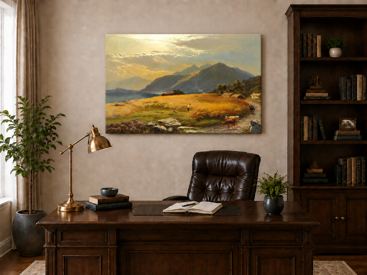 Landschaftsgemälde in Öl – Goldene Seewiese mit Bauer und Rindern