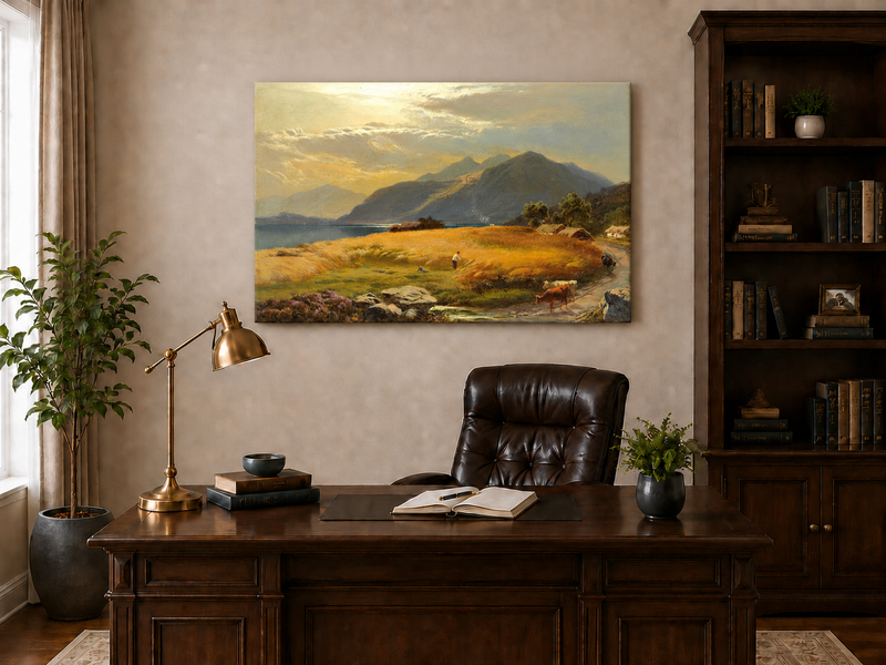 Landschaftsgemälde in Öl – Goldene Seewiese mit Bauer und Rindern