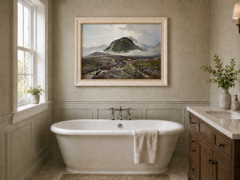 Peinture à l'huile de paysage - Lande couverte de bruyère et berger, bétail