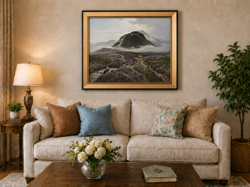 Peinture à l'huile de paysage - Lande couverte de bruyère et berger, bétail