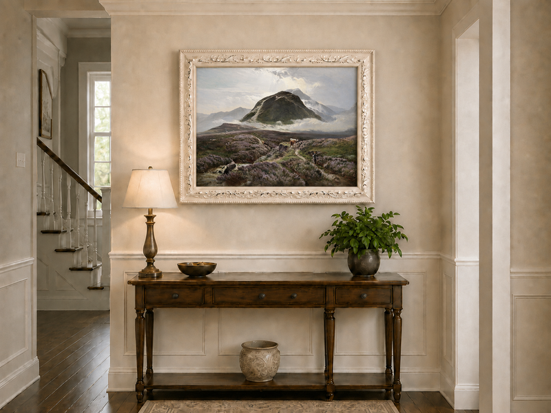 Peinture à l'huile de paysage - Lande couverte de bruyère et berger, bétail