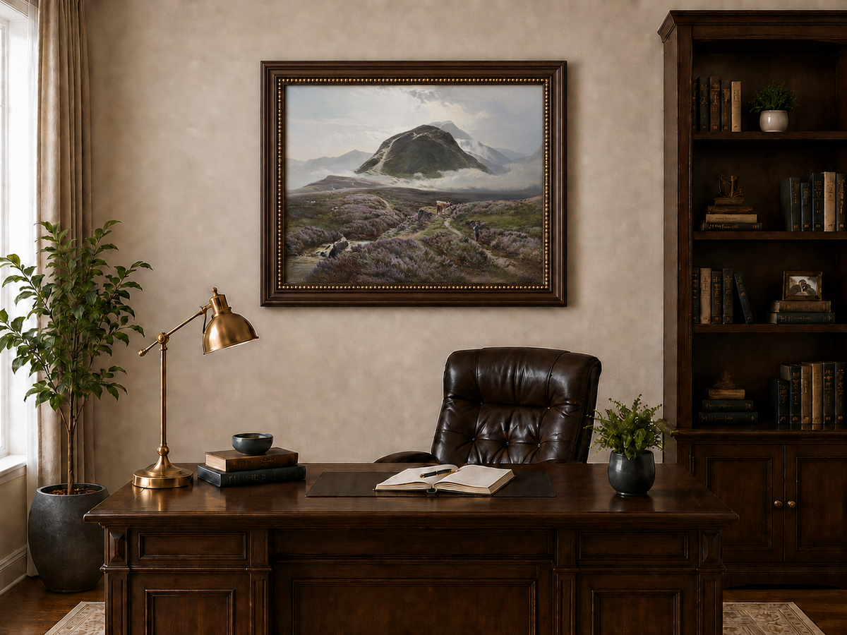 Peinture à l'huile de paysage - Lande couverte de bruyère et berger, bétail