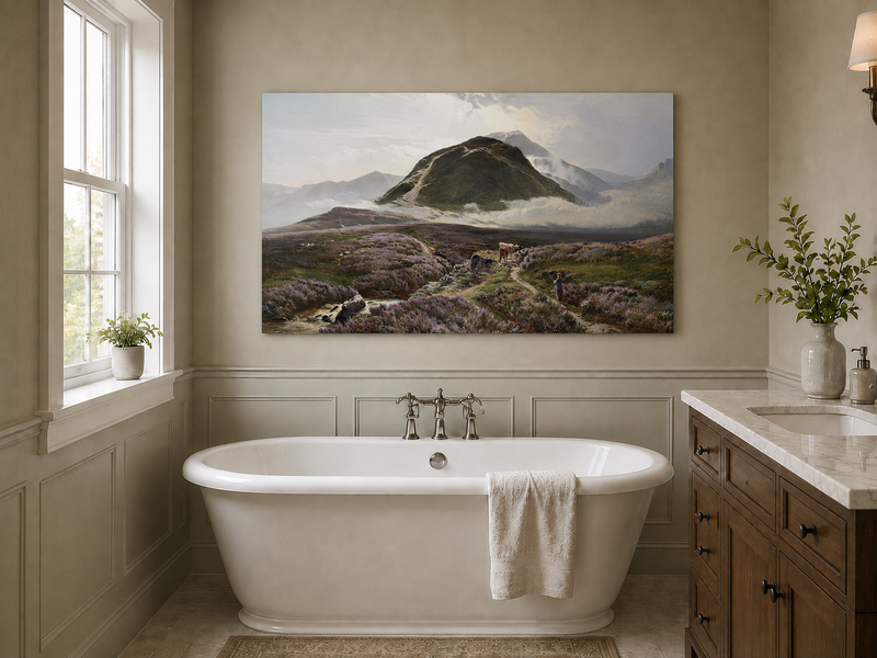 Peinture à l'huile de paysage - Lande couverte de bruyère et berger, bétail