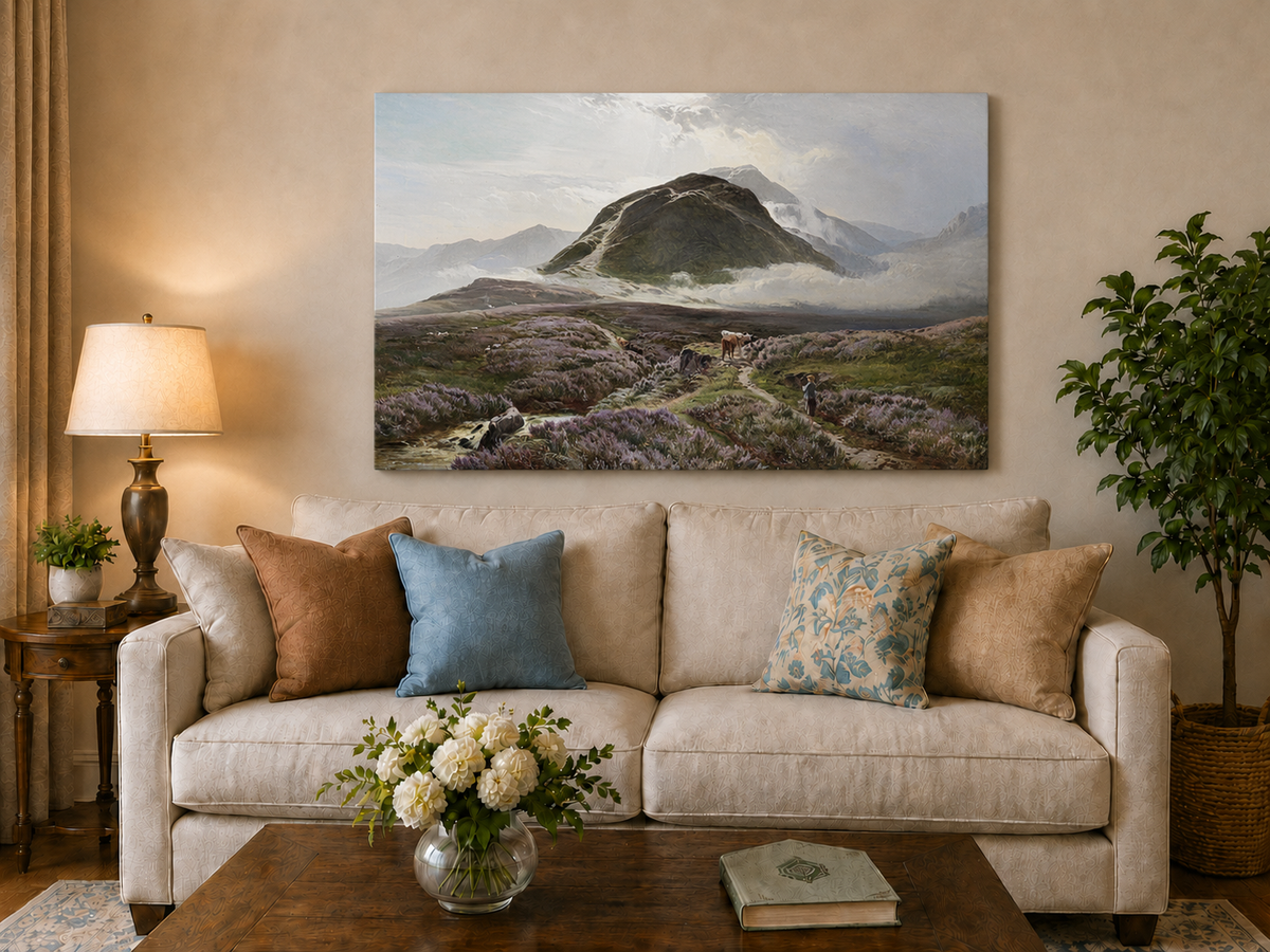 Peinture à l'huile de paysage - Lande couverte de bruyère et berger, bétail