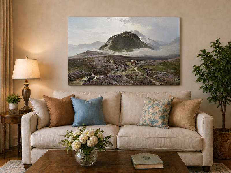Peinture à l'huile de paysage - Lande couverte de bruyère et berger, bétail