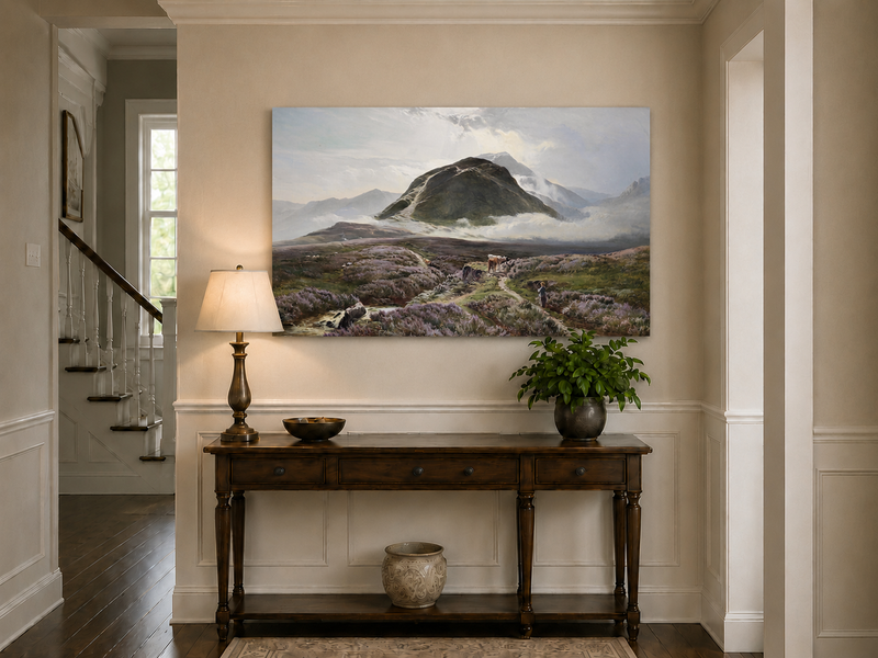 Peinture à l'huile de paysage - Lande couverte de bruyère et berger, bétail