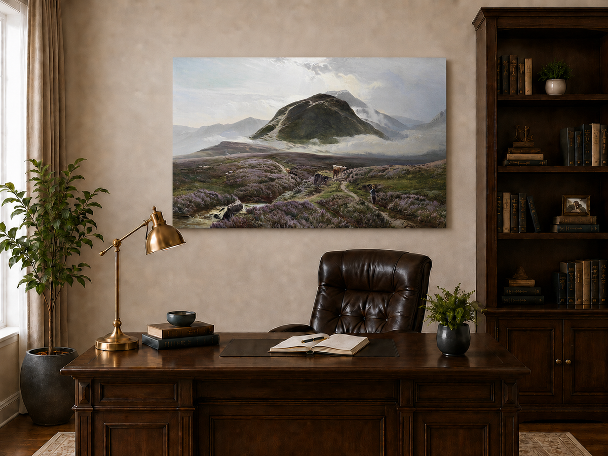 Peinture à l'huile de paysage - Lande couverte de bruyère et berger, bétail