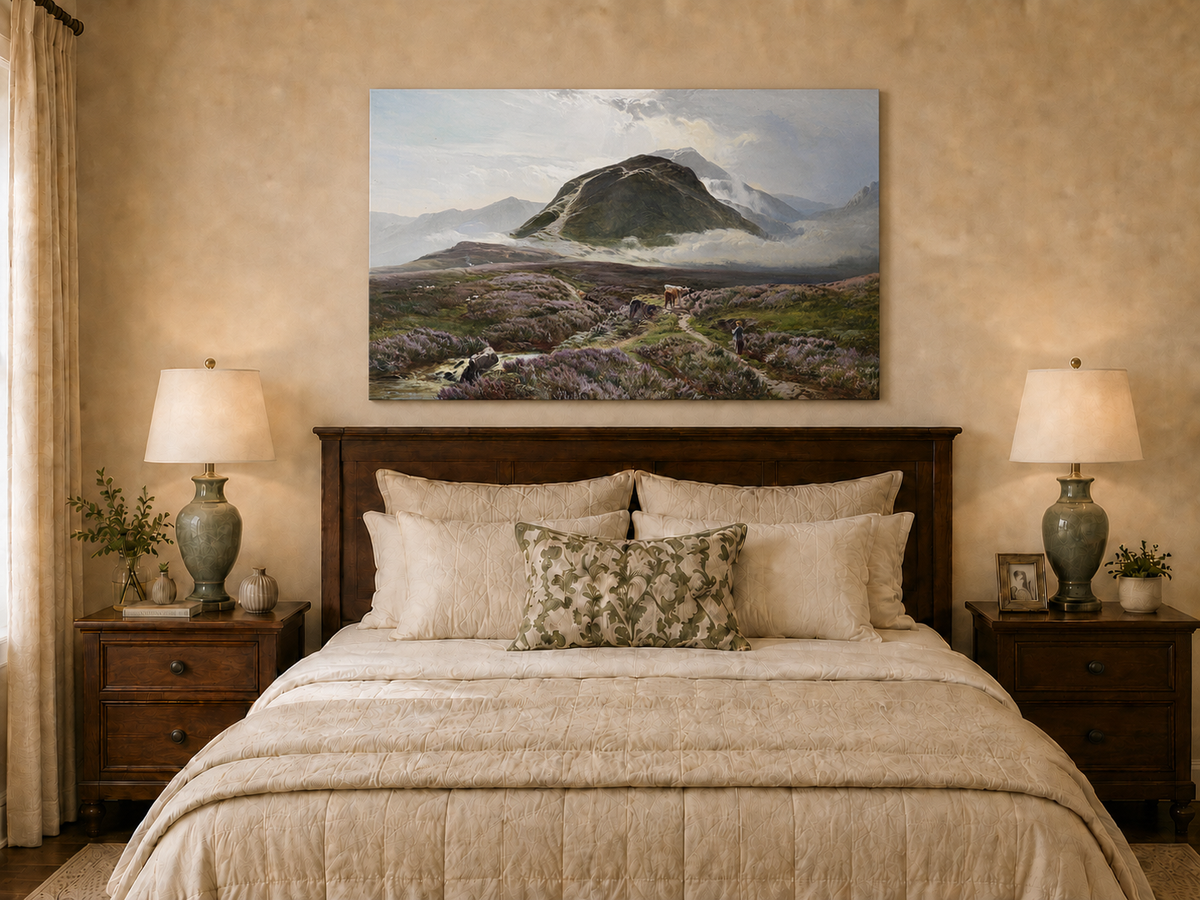 Peinture à l'huile de paysage - Lande couverte de bruyère et berger, bétail