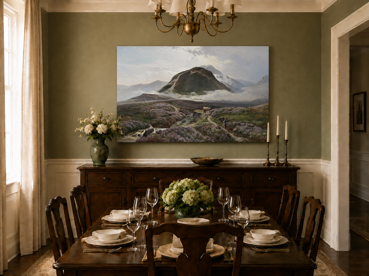 Peinture à l'huile de paysage - Lande couverte de bruyère et berger, bétail