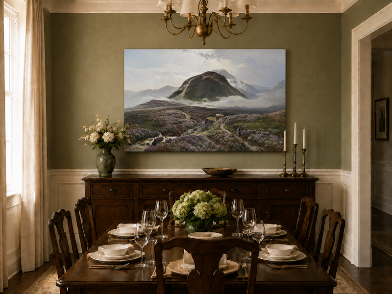Peinture à l'huile de paysage - Lande couverte de bruyère et berger, bétail