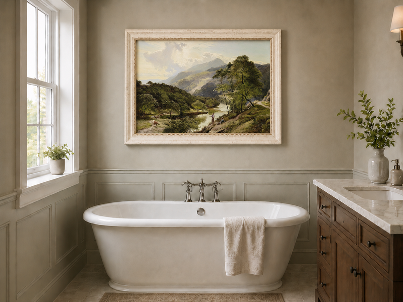 Landscape Oil Painting - Valley River Landscape & Herders