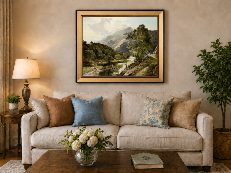 Landscape Oil Painting - Valley River Landscape & Herders
