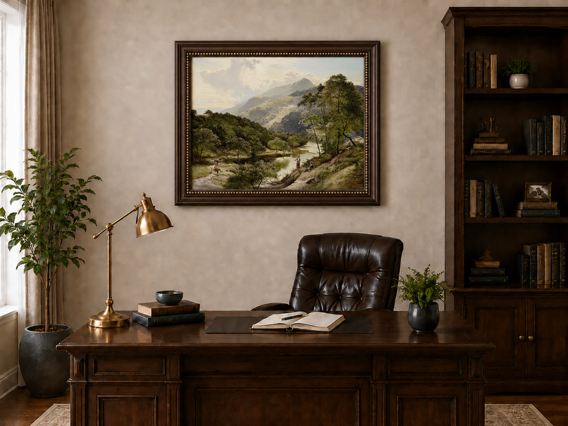 Landscape Oil Painting - Valley River Landscape & Herders