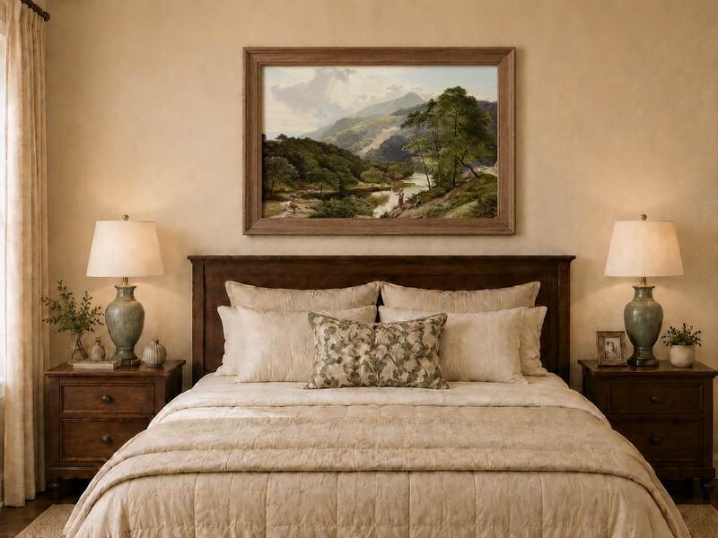 Landscape Oil Painting - Valley River Landscape & Herders