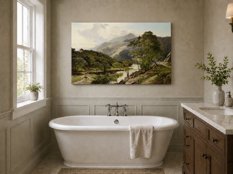 Landscape Oil Painting - Valley River Landscape & Herders