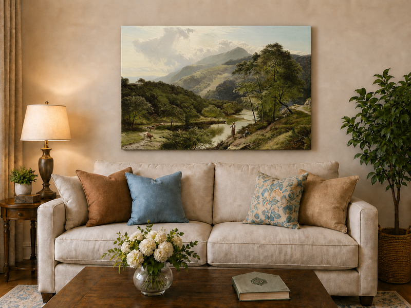 Landscape Oil Painting - Mountain lake pasture & herder, cattle