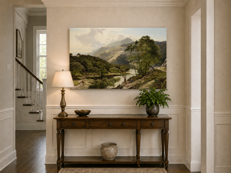 Landscape Oil Painting - Valley River Landscape & Herders