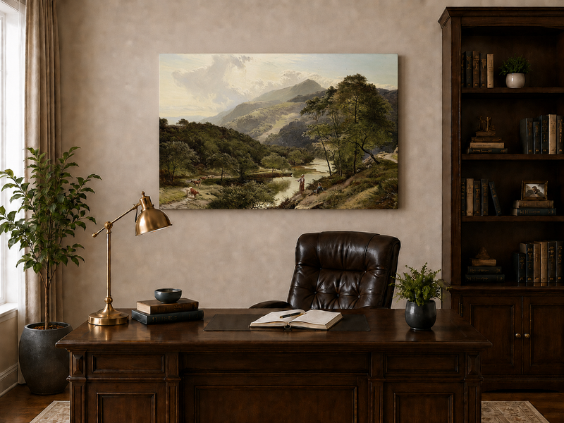 Landscape Oil Painting - Valley River Landscape & Herders