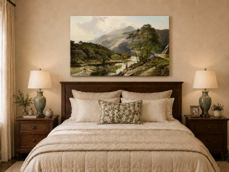 Landscape Oil Painting - Valley River Landscape & Herders